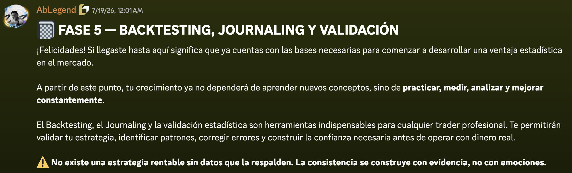 Presentación de la Fase 5: Backtesting, Journaling y Validación.